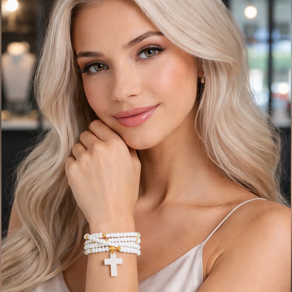 Elegant White Beaded Cross Necklace & Bracelet 2 In 1